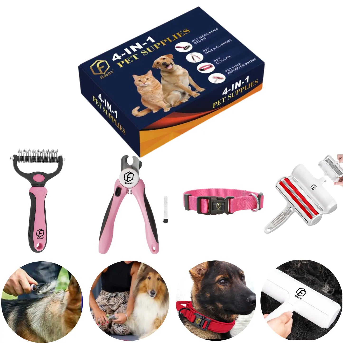 4-in-1 Pet Grooming Kit – Hair Remover Brush, Deshedding Comb, Nail Clippers & Adjustable Nylon Collar (Blue, Pink)
