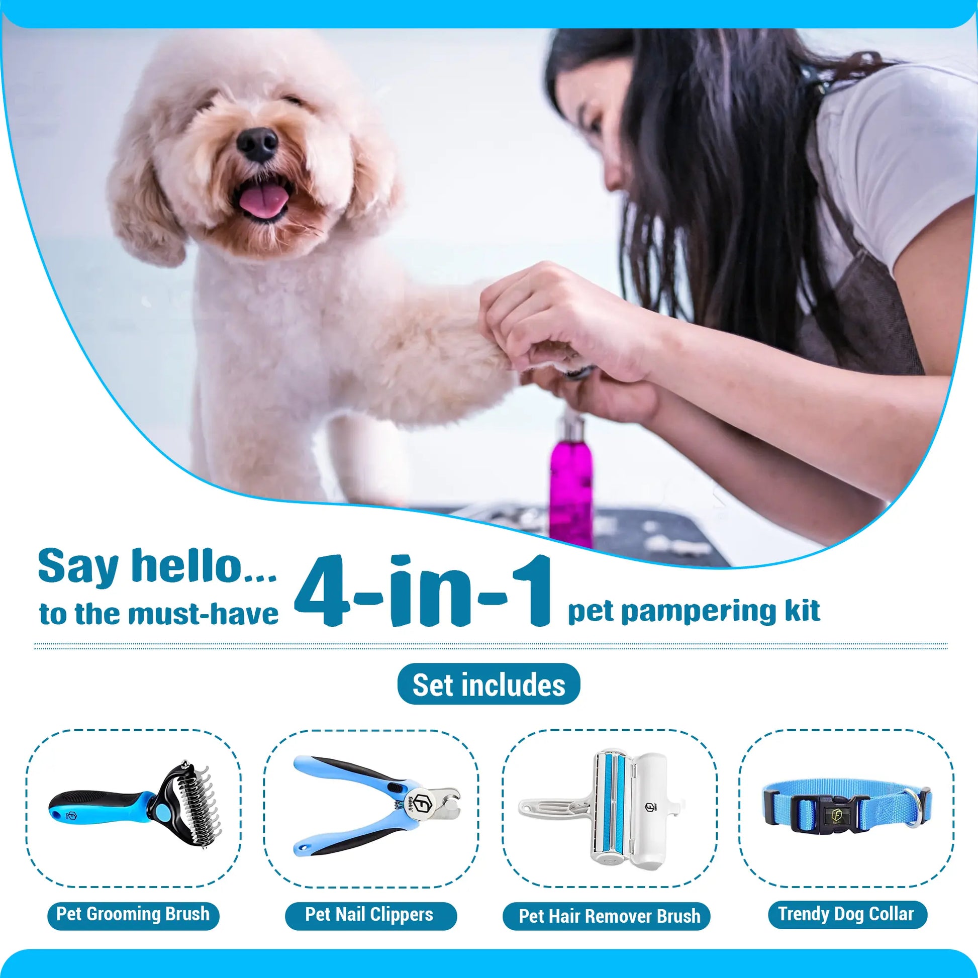 4-in-1 Pet Grooming Kit – Hair Remover Brush, Deshedding Comb, Nail Clippers & Adjustable Nylon Collar (Blue, Pink)