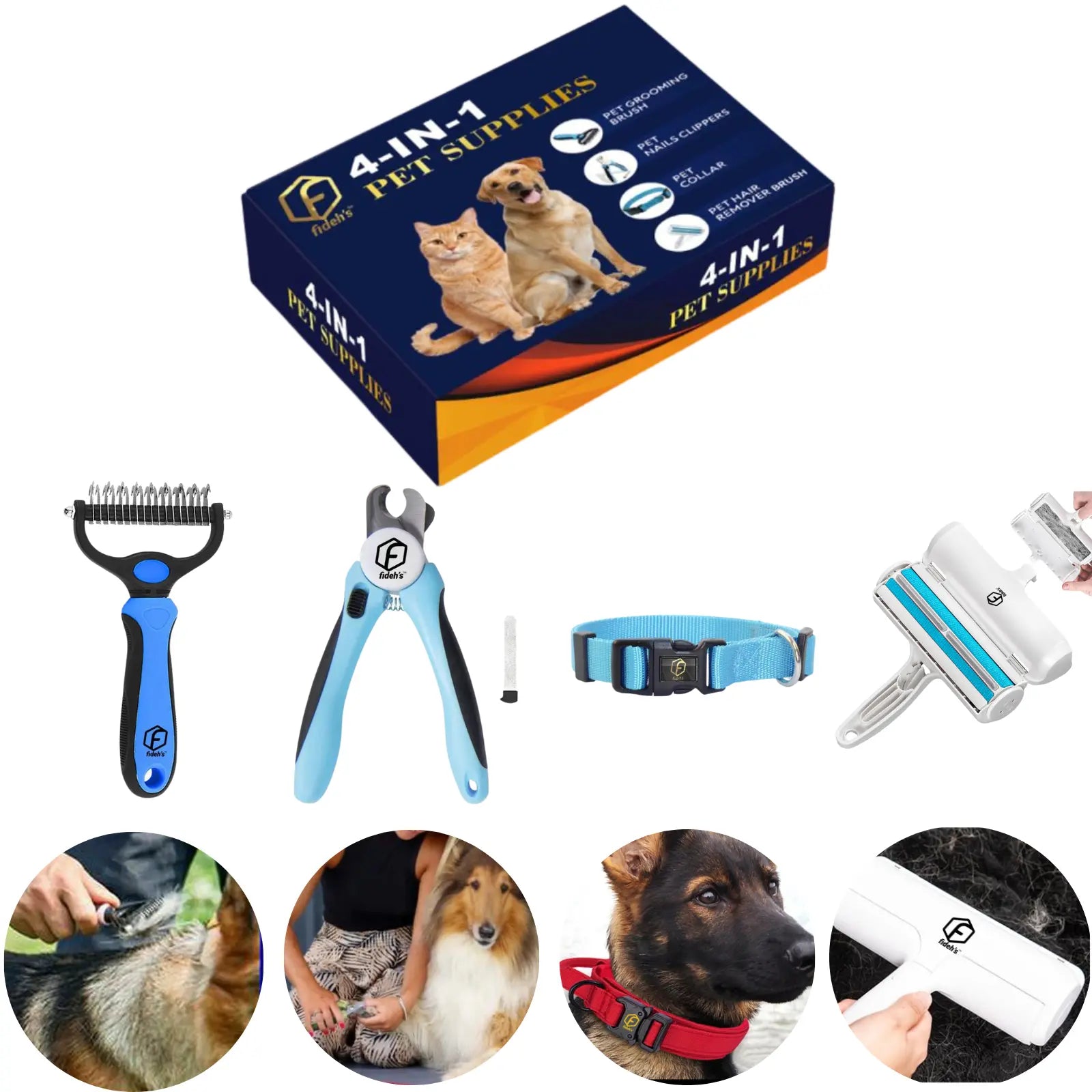 4-in-1 Pet Grooming Kit – Hair Remover Brush, Deshedding Comb, Nail Clippers & Adjustable Nylon Collar (Blue, Pink)