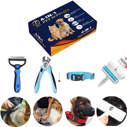 4-in-1 Pet Grooming Kit – Hair Remover Brush, Deshedding Comb, Nail Clippers & Adjustable Nylon Collar (Blue, Pink)