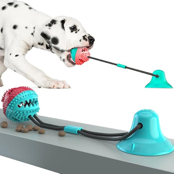 Interactive Pet Toy for Dogs Push Ball Pet Teether Rope with Ball Snack Holder and Suction Cup Tug of War (Green and Red)
