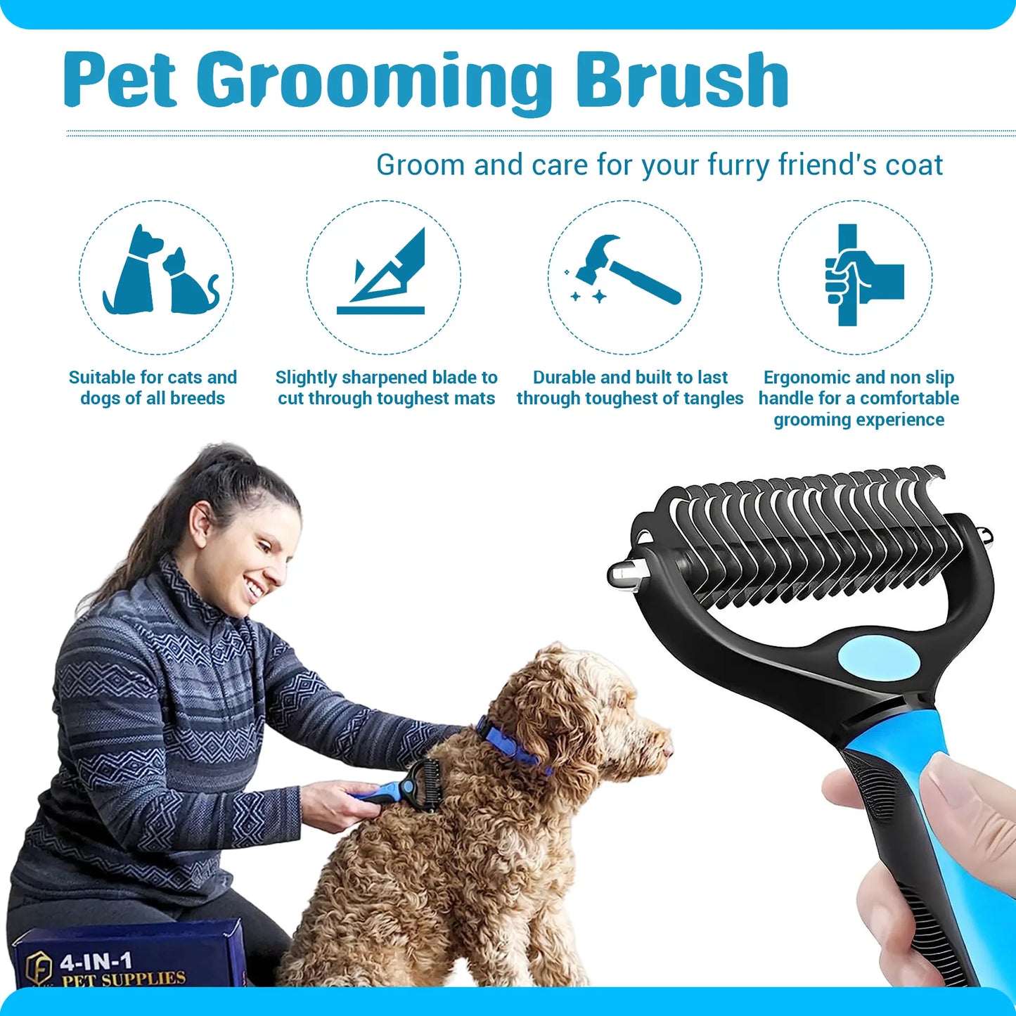 4-in-1 Pet Grooming Kit – Hair Remover Brush, Deshedding Comb, Nail Clippers & Adjustable Nylon Collar (Blue, Pink)