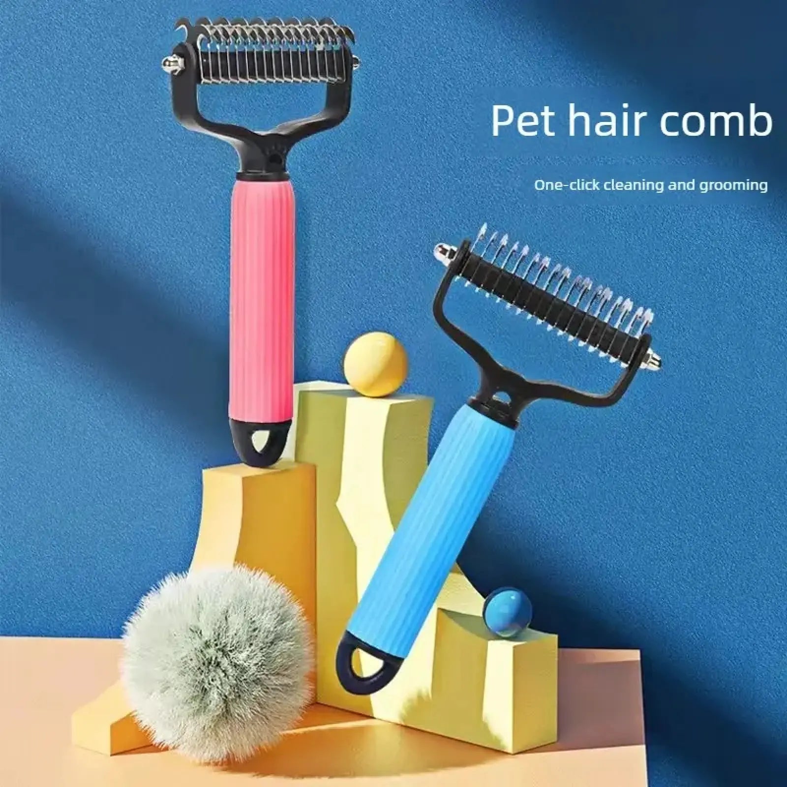 Universal Detangling Comb for Cats & Dogs - Stainless Steel Double-Sided Design for Grooming (Blue, Pink)