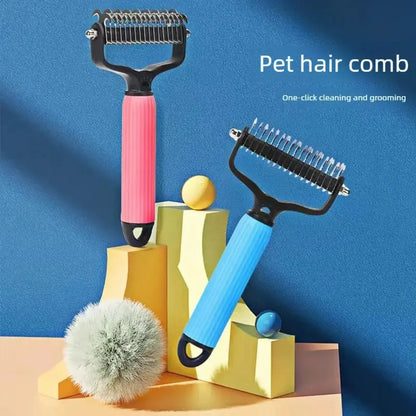 Universal Detangling Comb for Cats & Dogs - Stainless Steel Double-Sided Design for Grooming (Blue, Pink)