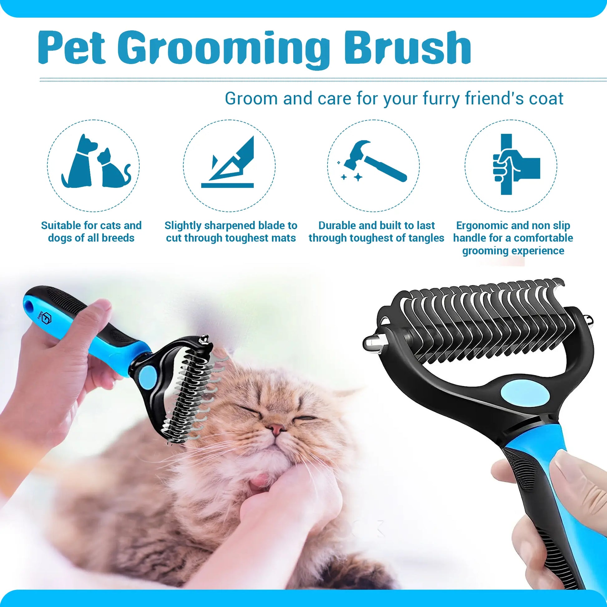 4-in-1 Pet Grooming Kit – Hair Remover Brush, Deshedding Comb, Nail Clippers & Adjustable Nylon Collar (Blue, Pink)