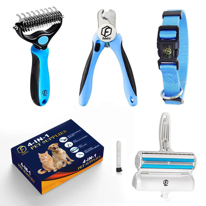 4-in-1 Pet Grooming Kit – Hair Remover Brush, Deshedding Comb, Nail Clippers & Adjustable Nylon Collar (Blue, Pink)
